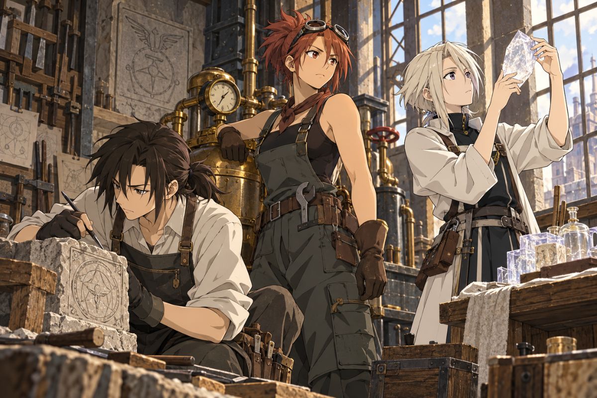 Fullmetal Alchemist OC Maker alchemy workshop team examining crystal materials and equipment in a sunlit industrial studio