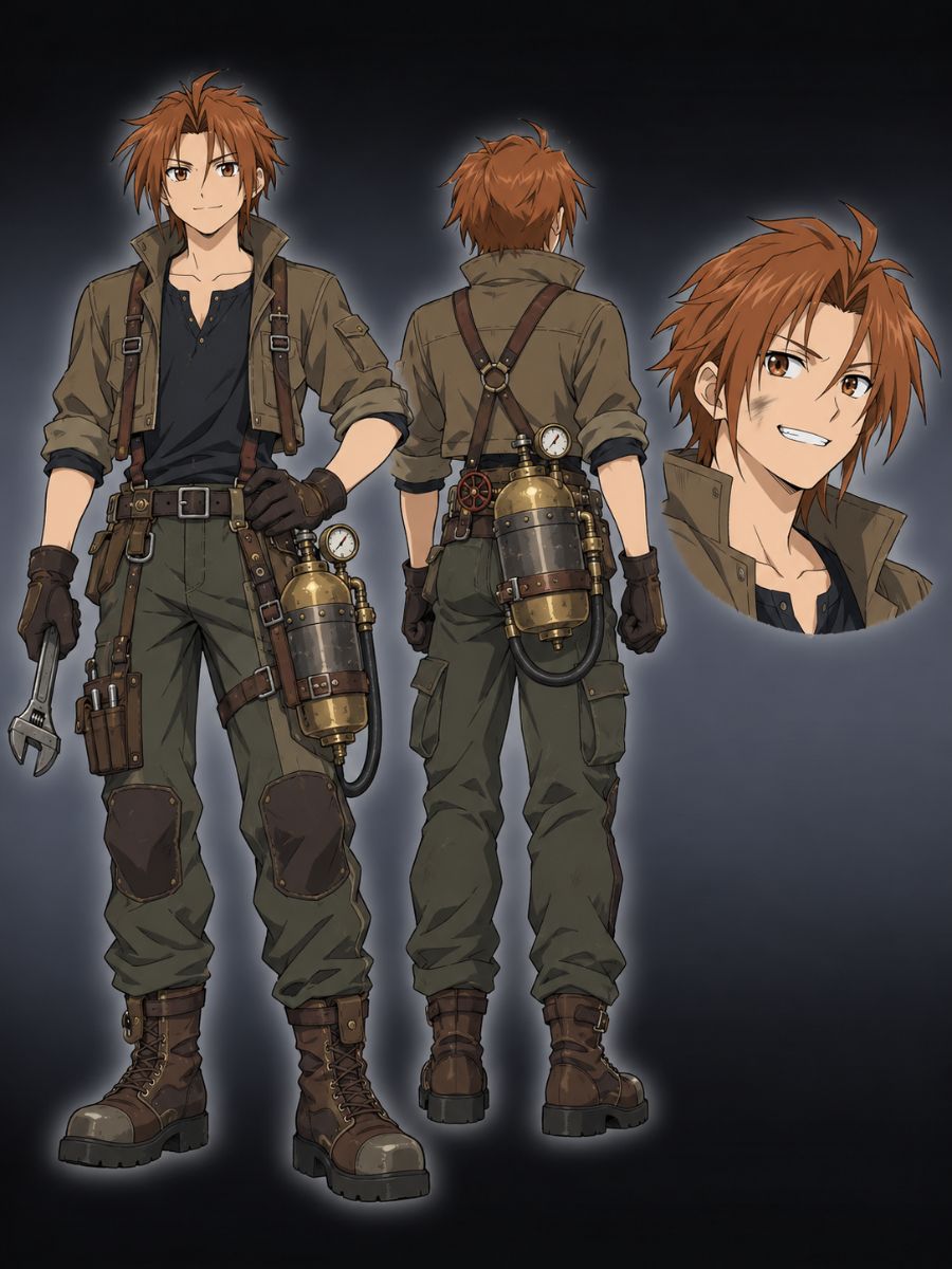Fullmetal Alchemist OC Maker automail engineer character sheet showing a mechanic in rugged workwear with a pressure canister