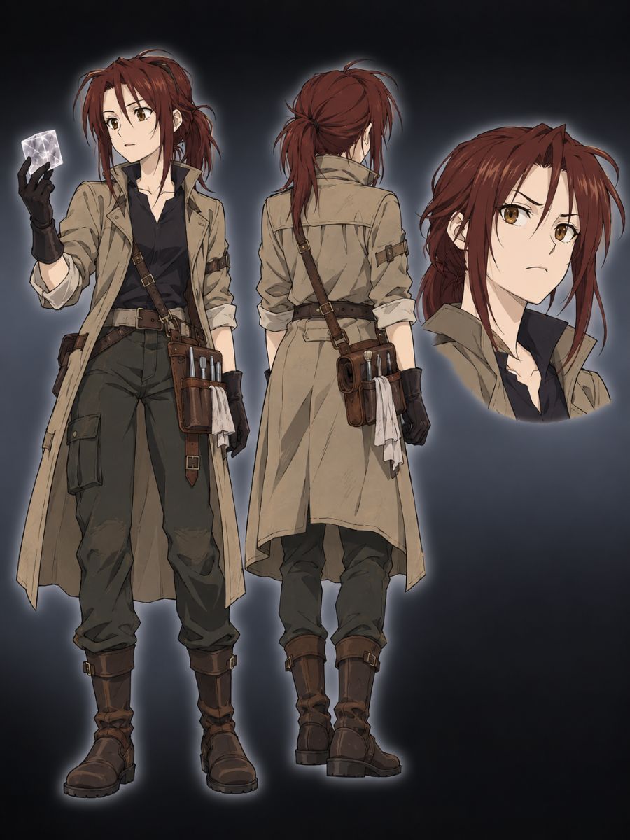 Fullmetal Alchemist OC Maker crystal field researcher character sheet examining a glowing mineral sample