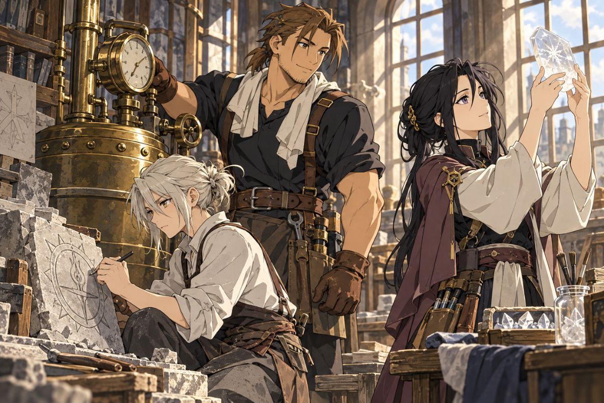 Fullmetal Alchemist OC Maker crystal workshop team studying a glowing mineral sample among tools and industrial equipment