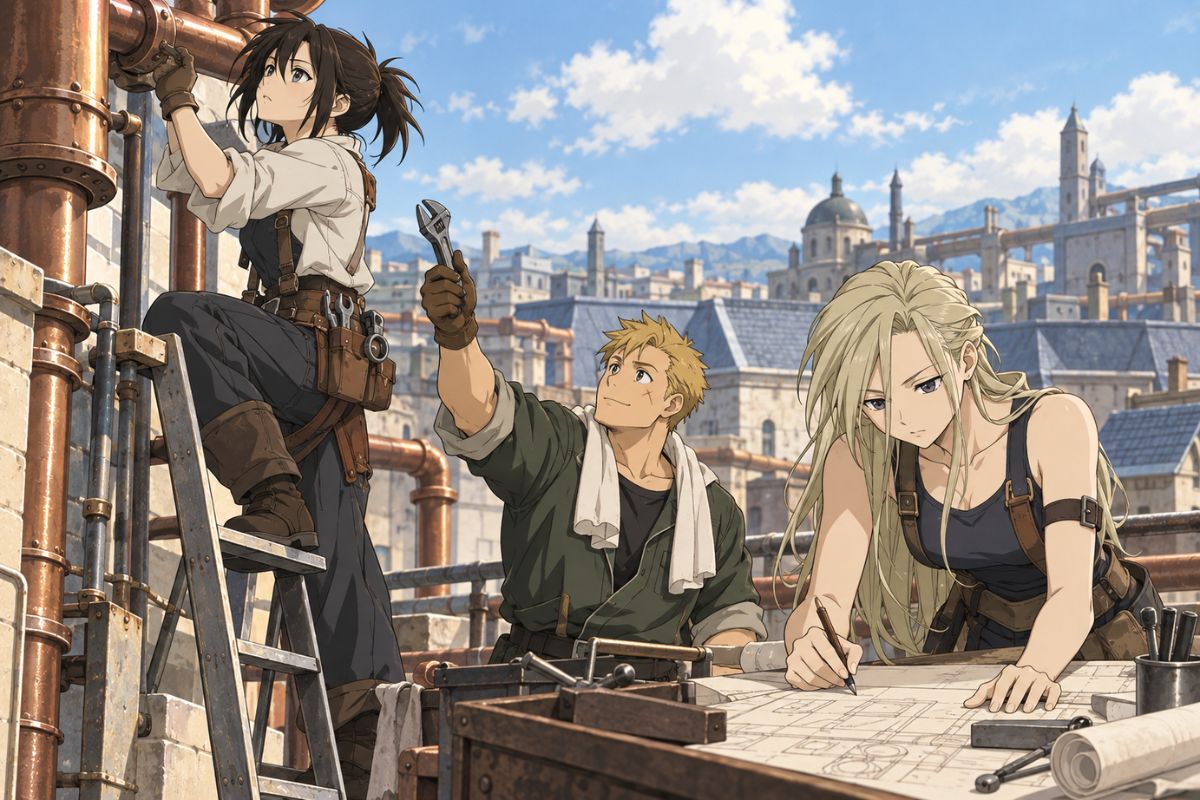Fullmetal Alchemist OC Maker city pipe repair team using tools and workwear beside an outdoor industrial pipeline