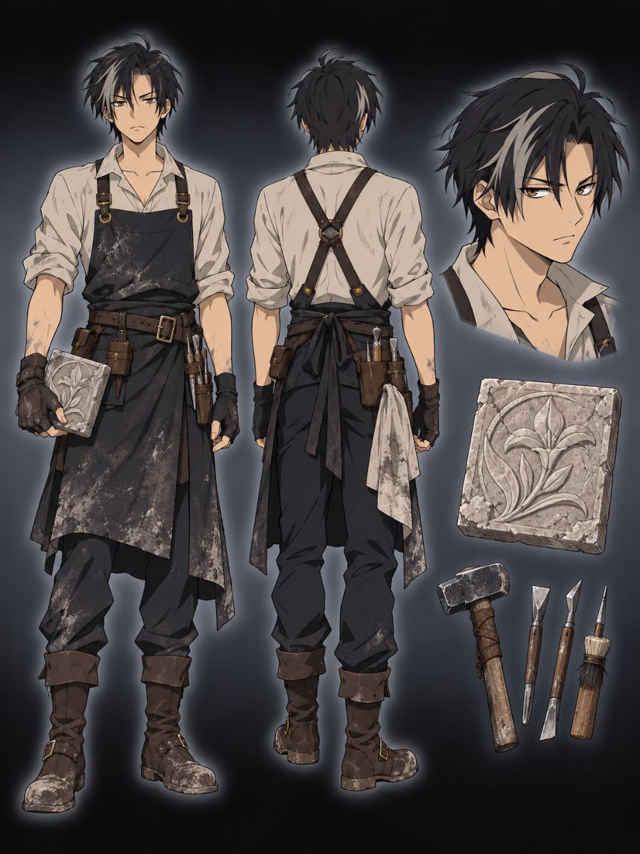 Fullmetal Alchemist OC Maker stonework alchemist character sheet with a dark apron, engraved stone tablet, and hand tools