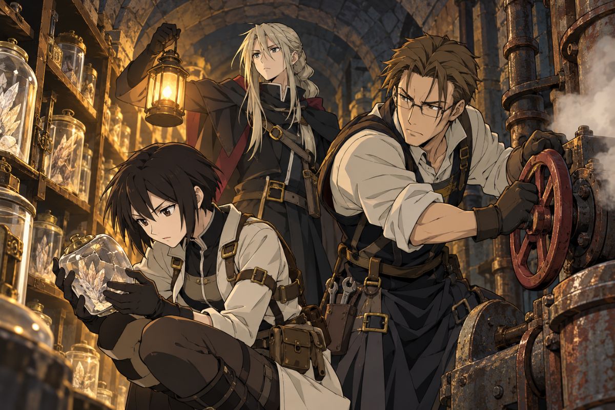 Fullmetal Alchemist OC Maker underground lab team investigating a large crystal formation in a dim industrial chamber