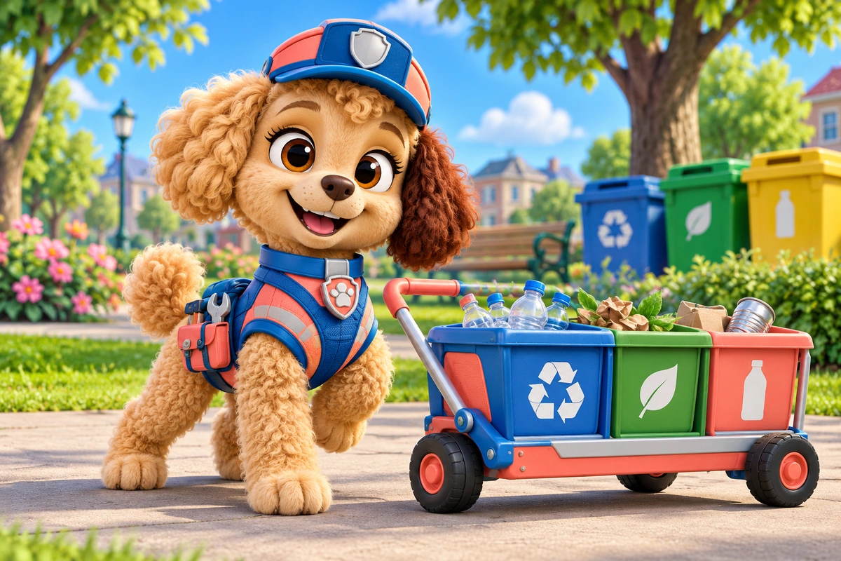 Ejemplo del creador de OC de Paw Patrol: un cachorro de rescate caniche color albaricoque con un carrito de reciclaje en un parque