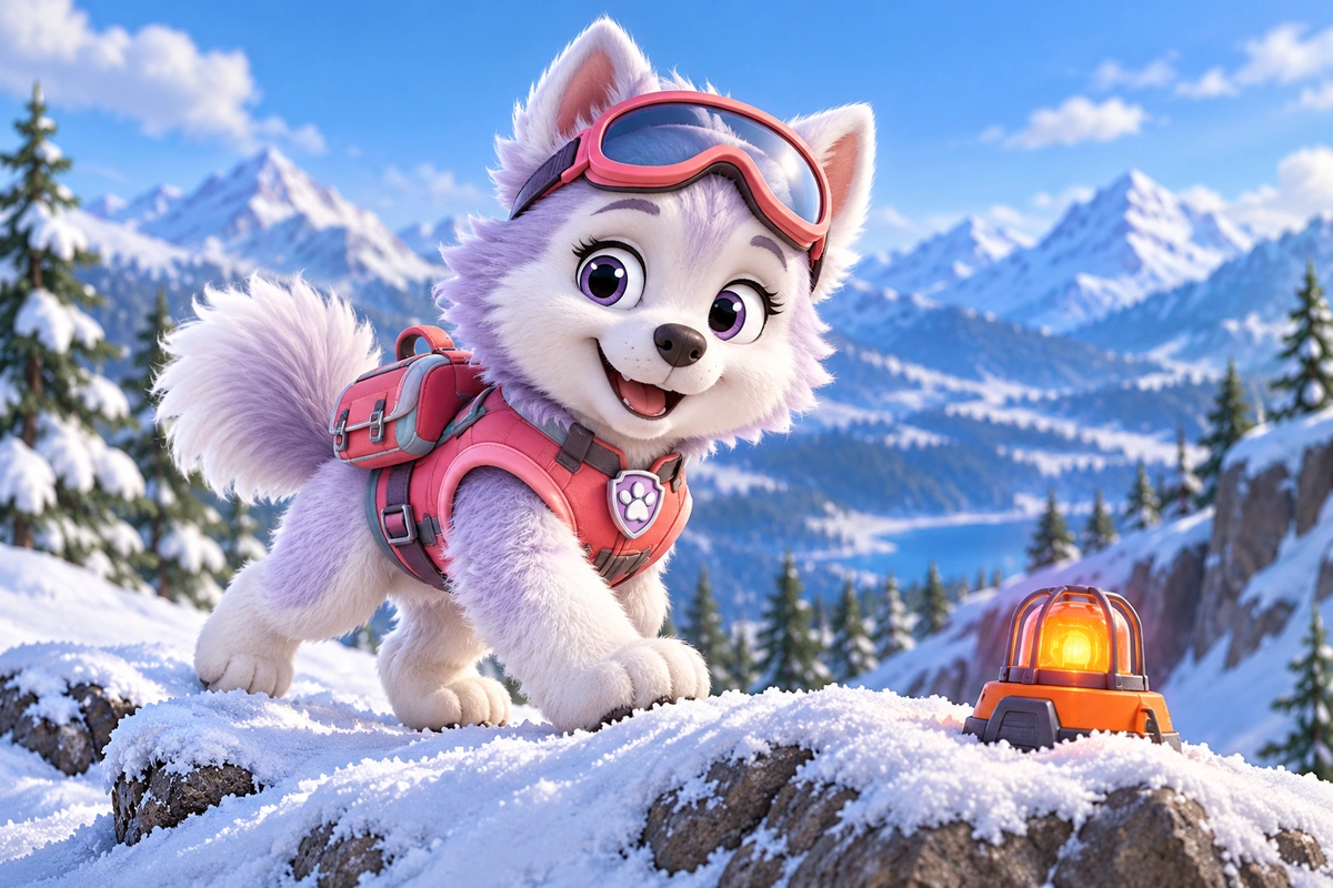 Personaje de rescate del creador de OC de Paw Patrol: un cachorro samoyedo color lavanda con equipo de rescate en nieve