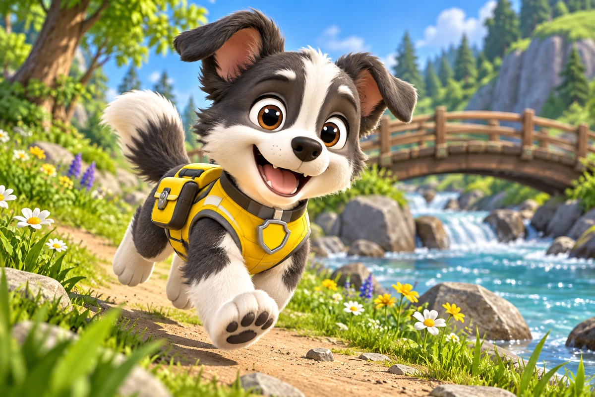 Escena de rescate del creador de OC de Paw Patrol: un cachorro border collie blanco y negro corriendo junto a un río