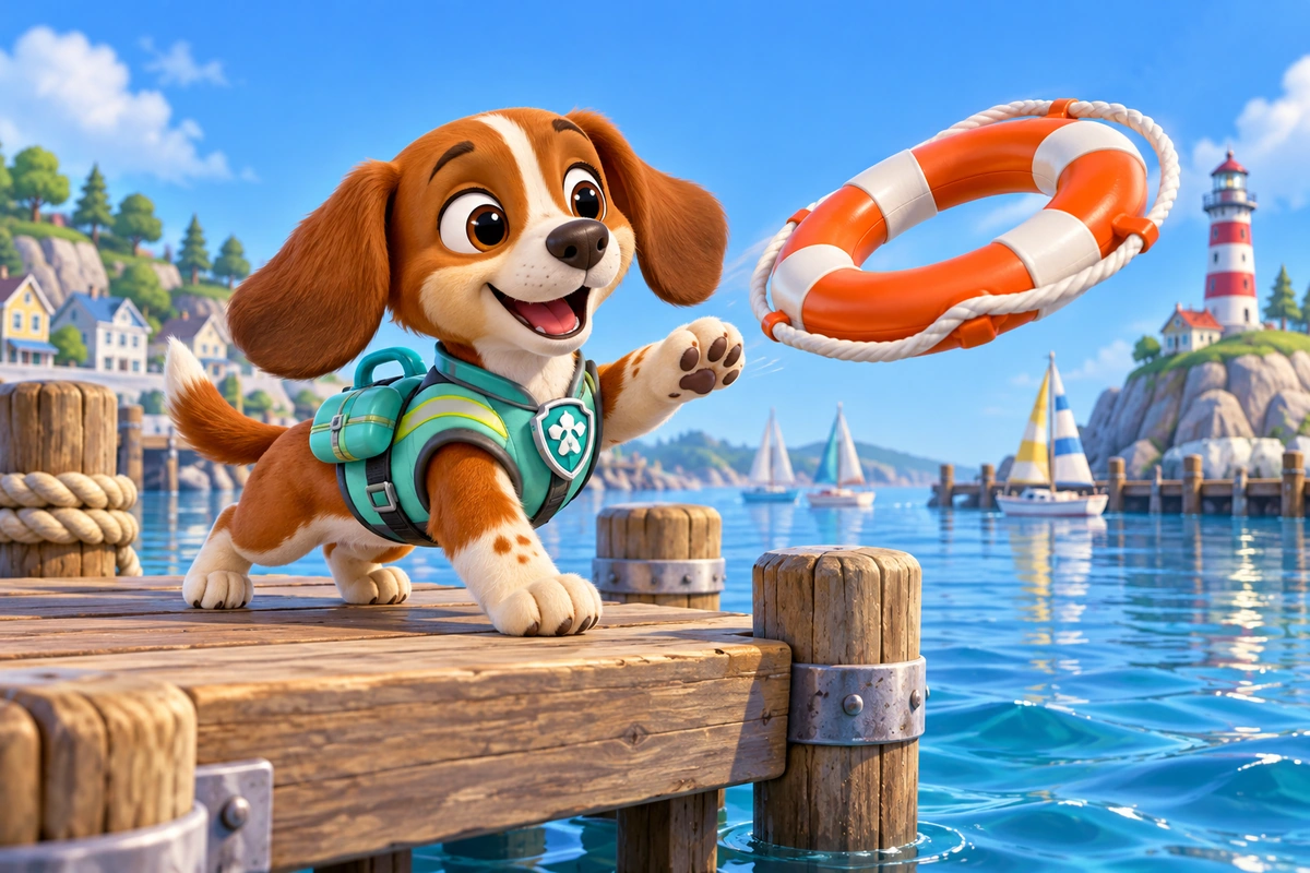Escena de rescate portuario del creador de OC de Paw Patrol: un cachorro teckel marrón con un flotador de rescate