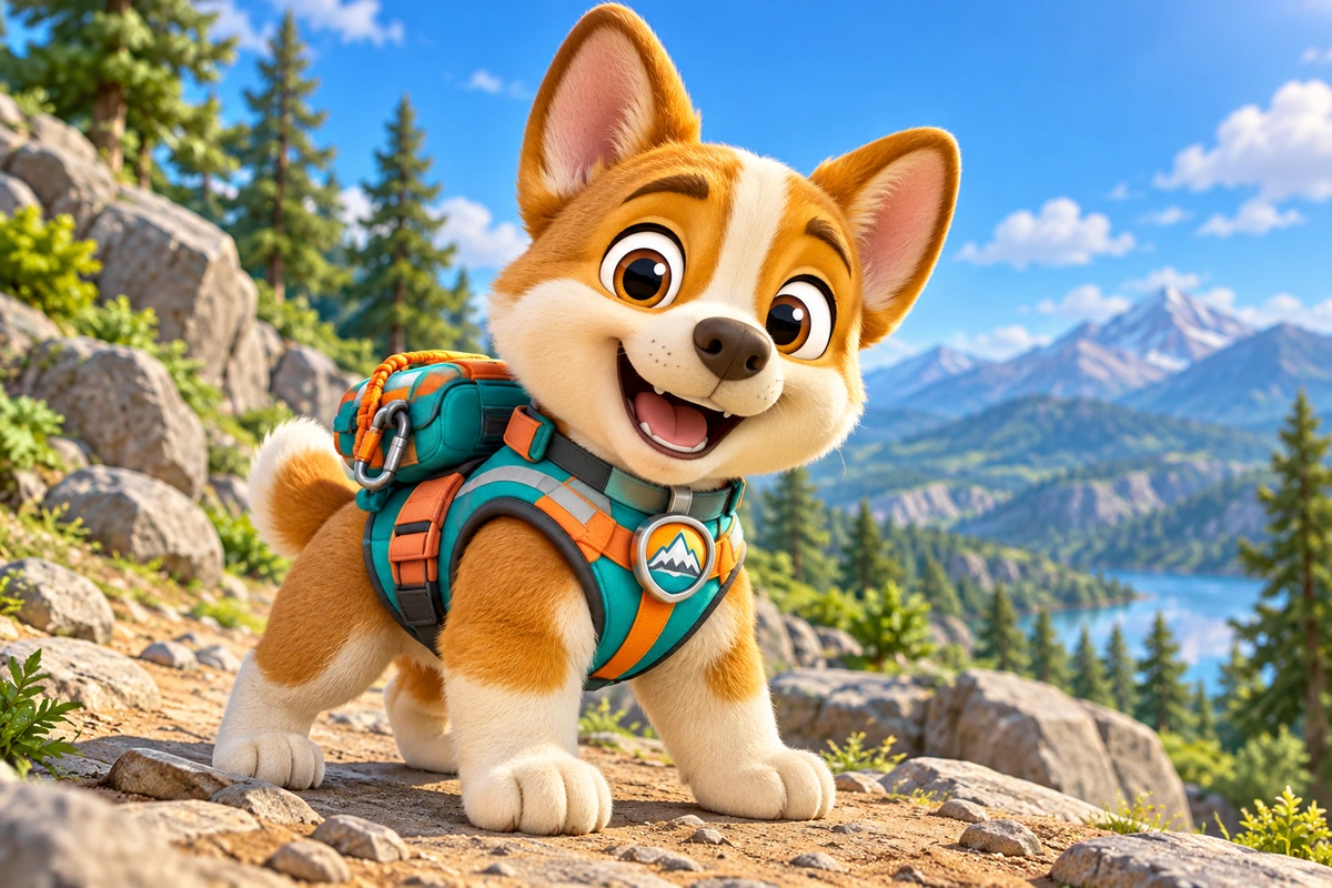 Personaje de rescate de montaña del creador de OC de Paw Patrol: un cachorro corgi con un chaleco de rescate verde azulado