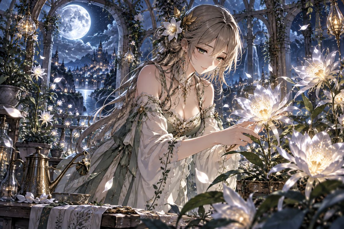 Picrew OC Maker example: an elf tending flowers in a moonlit garden
