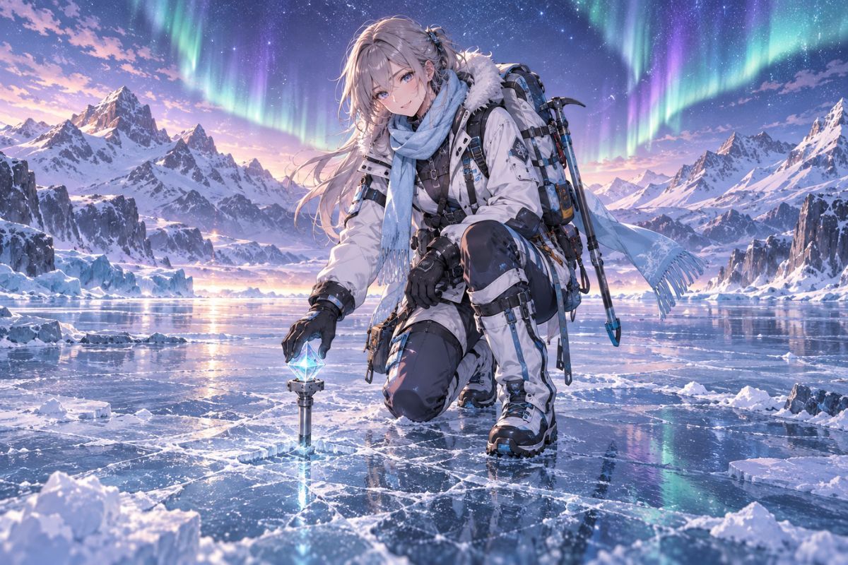 Picrew OC Maker scene example: an adventurer crossing a snowy mountain beneath the aurora