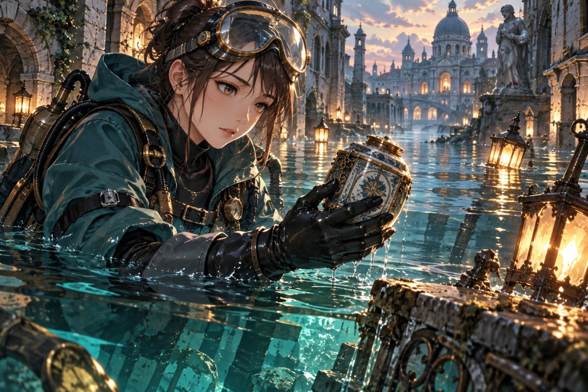 Picrew OC Maker example: a steampunk explorer retrieving an artifact from a flooded Venice canal