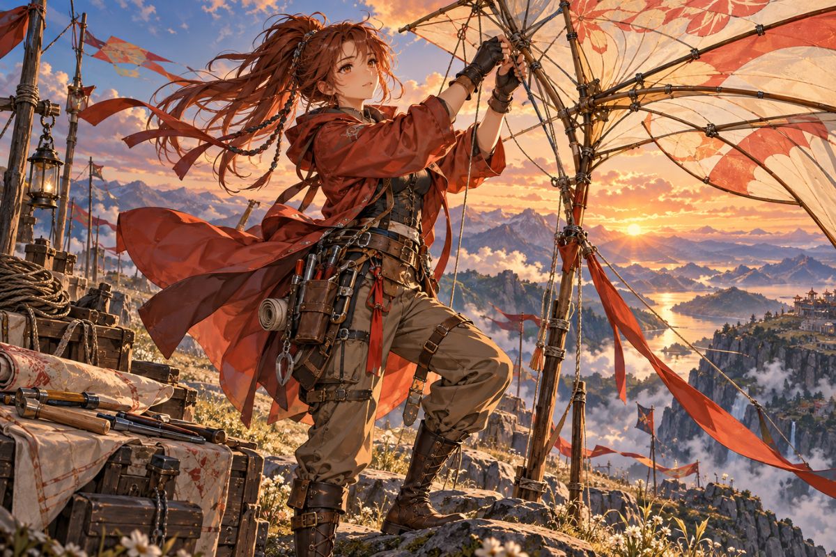 Picrew OC Maker example: a sunset mountain airship mechanic securing a kite-rig frame