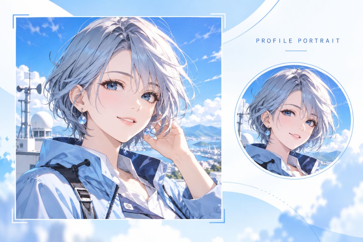 Blue-haired original character portrait with a matching circular profile crop