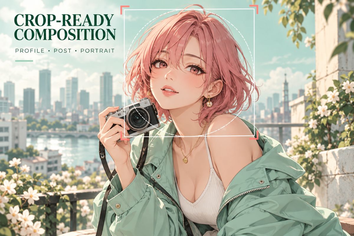 Pink-haired original character portrait with crop guides for profile and post formats