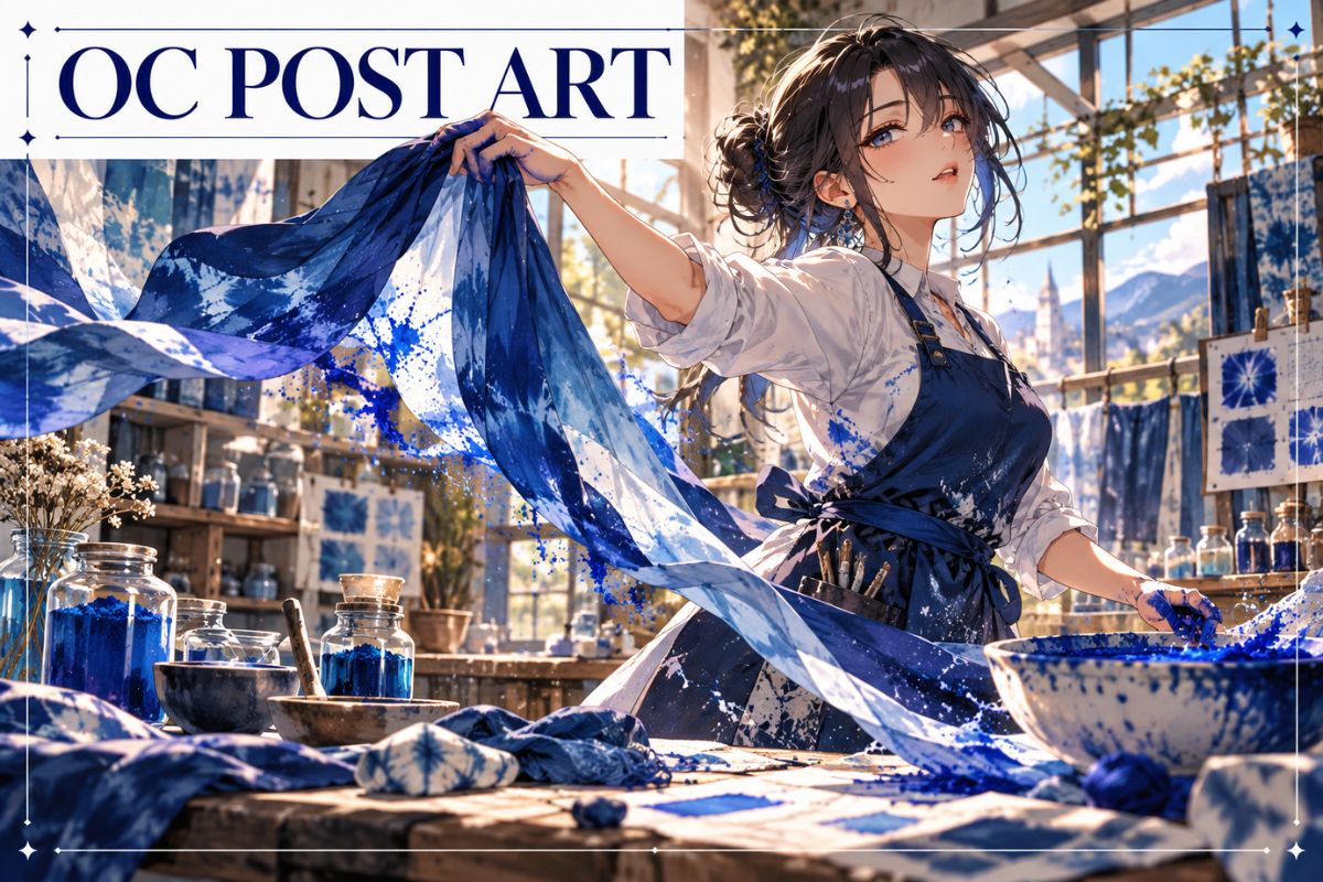 Blue-clad original character creating an expressive post illustration in an art studio