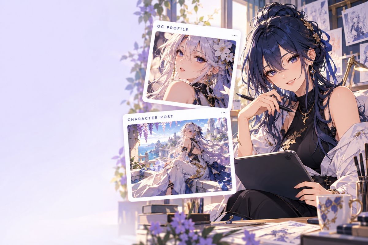 Original character profile and post concepts displayed beside an artist working on a tablet