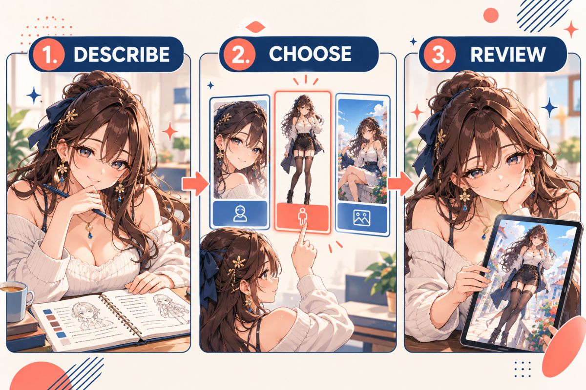 Three-panel guide showing how to describe, choose, and review an original character image