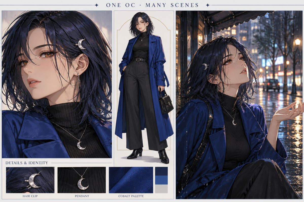 One original character shown in a detailed profile sheet and multiple rainy city scenes