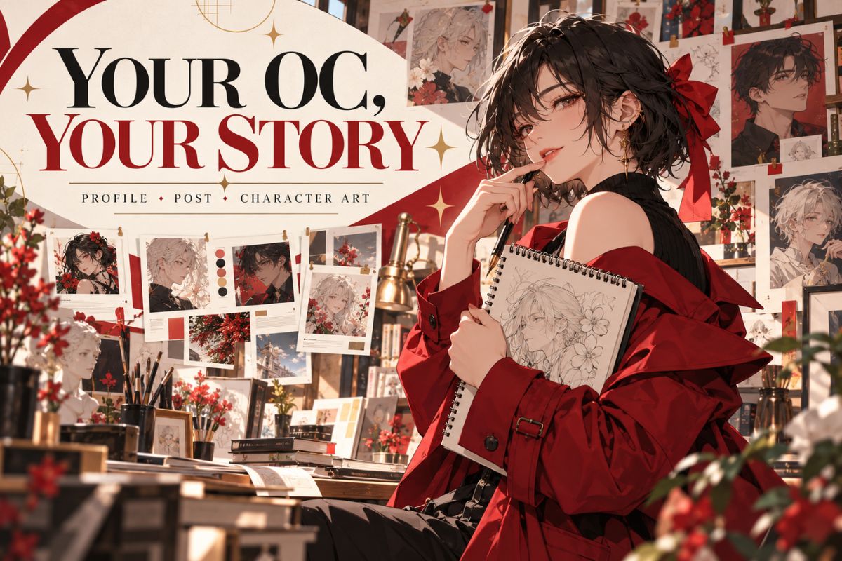 Original character artist holding a sketchbook in a gallery of character portraits