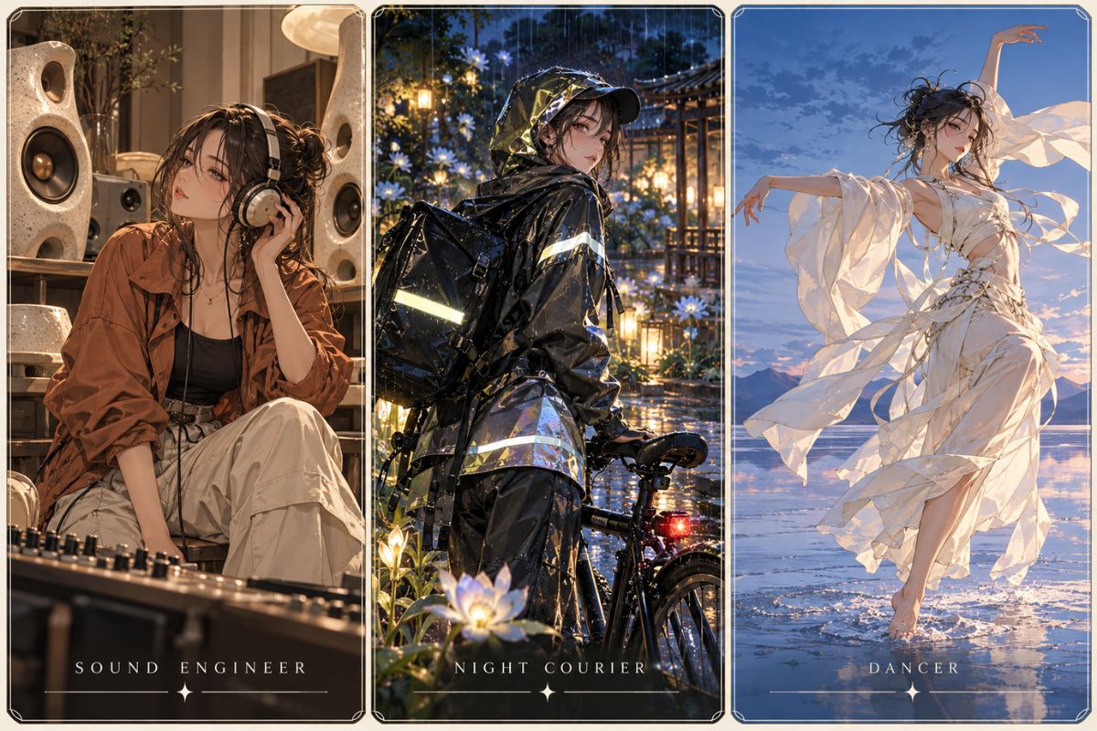 Three original character concepts presented as a sound engineer, night courier, and dancer