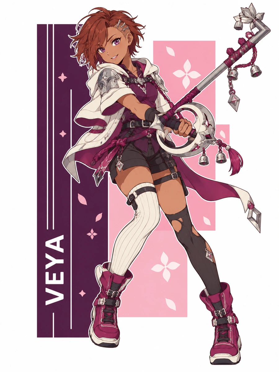 Personagem original de cabelos castanho-avermelhados em um manto cor de ameixa com uma keyblade com tema de lua crescente