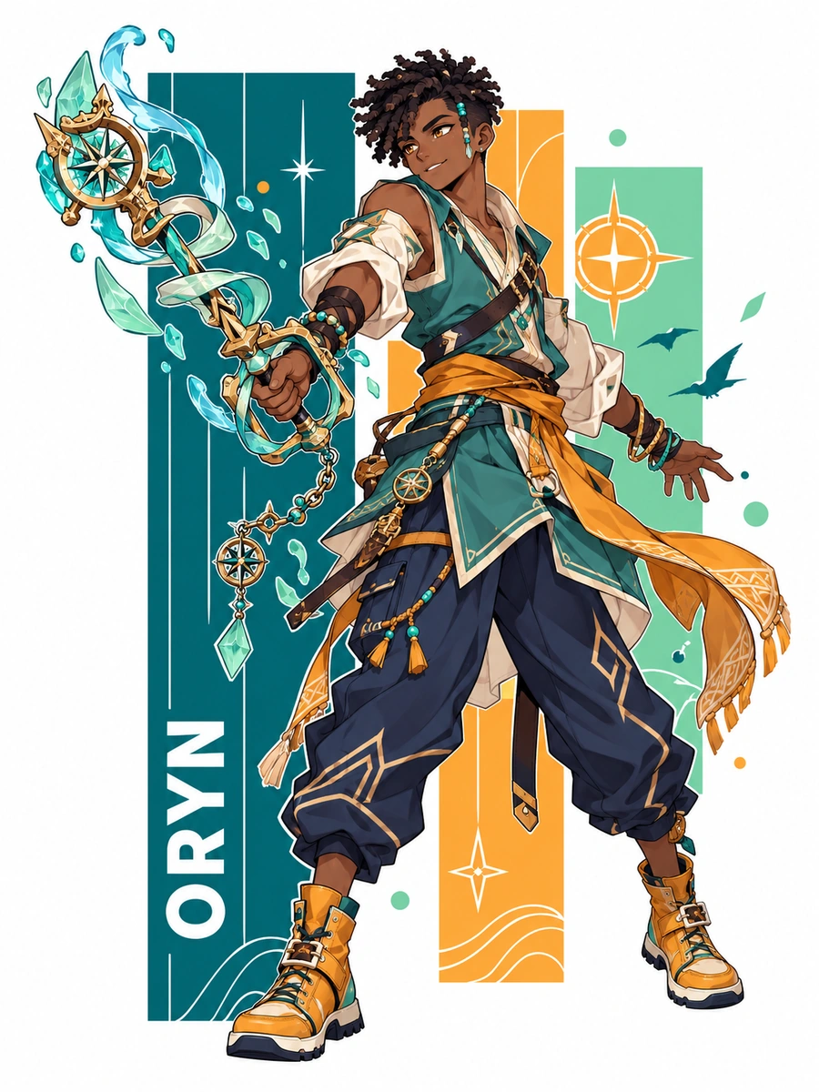 Personagem original de pele escura com uma túnica verde-azulado e uma keyblade temática de ondas