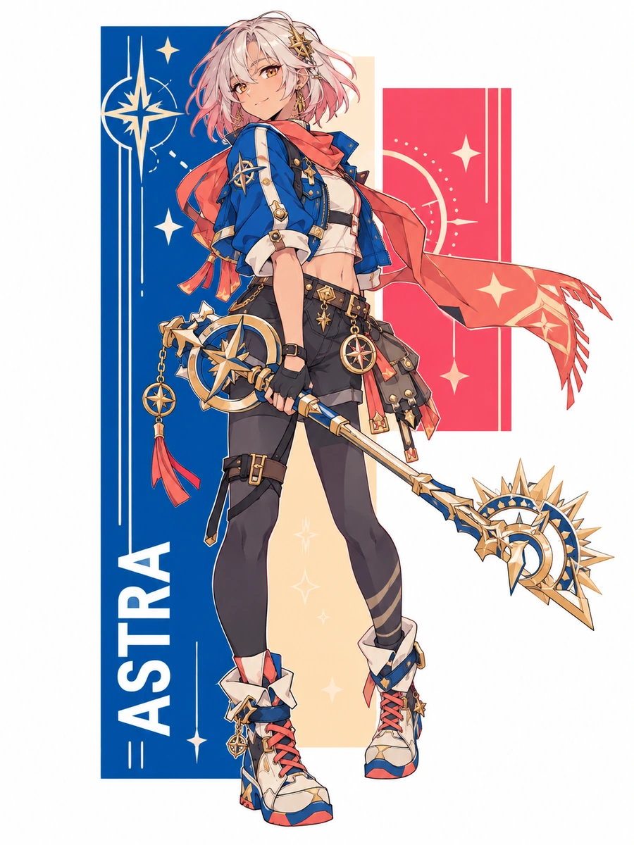 Personagem original de cabelos rosa-prateados empunhando uma keyblade temática de bússola