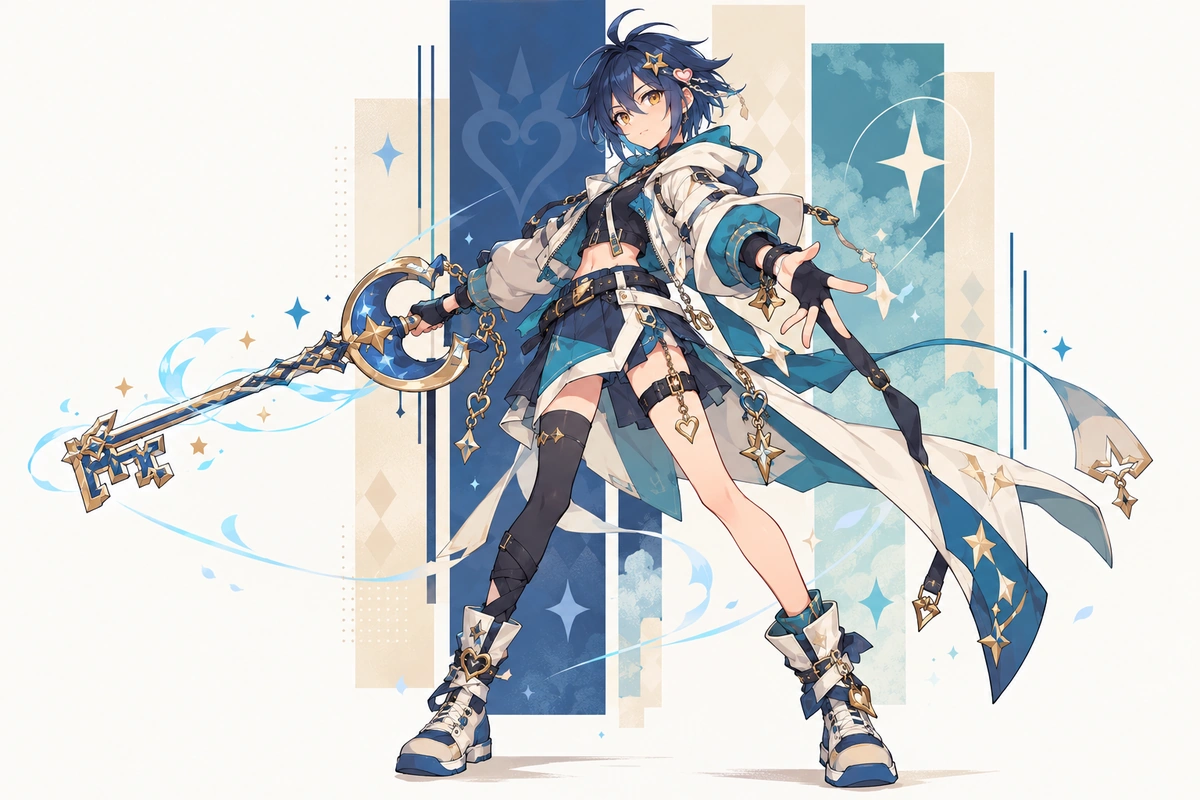 Personagem original de cabelos azul-meia-noite empunhando uma keyblade em uma ampla cena de fantasia