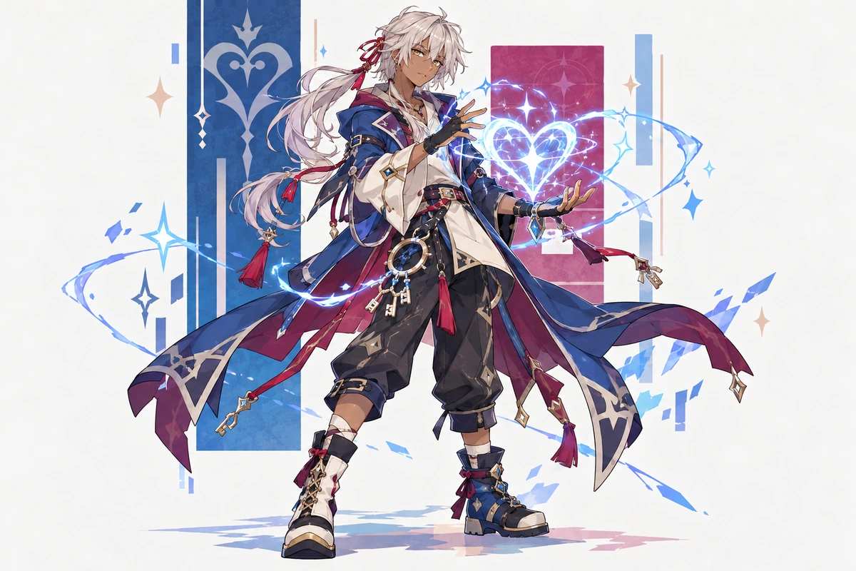 Personagem original de cabelos prateados, mago do coração, conjurando luz em uma cena ampla