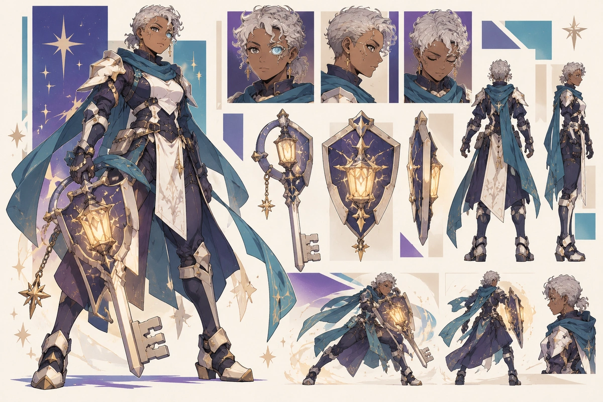 Personagem original de cabelos prateados apresentado em uma visão ampla em rotação como guardião com lanterna e escudo