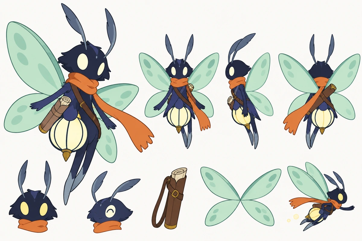 Moth courier character sheet with a lantern and colorful fantasy accessories