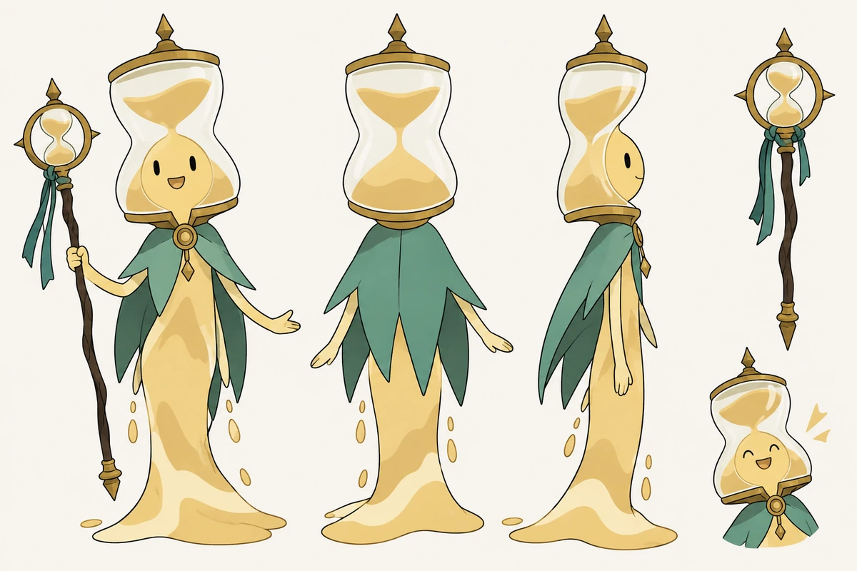 Hourglass keeper character sheet showing the fantasy character from multiple views