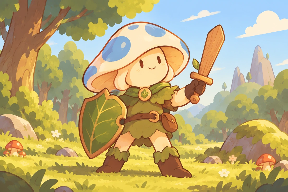 Mushroom knight carrying a leaf shield in a colorful fantasy landscape