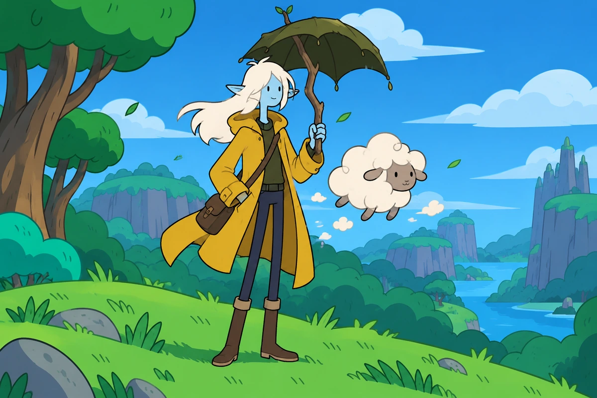 Cloud shepherd carrying an umbrella in a bright green fantasy landscape