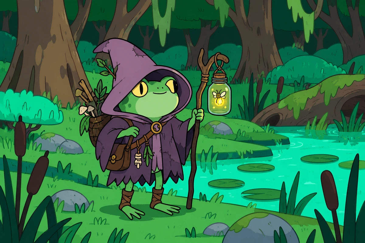 Swamp witch holding a firefly jar in a glowing green marsh