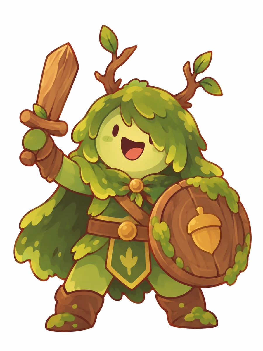 Original moss forest knight character wearing leafy armor and carrying a round shield