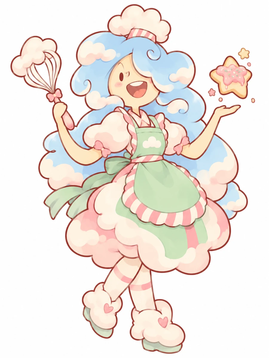 Original taffy cloud baker character in a whimsical pastel fantasy style