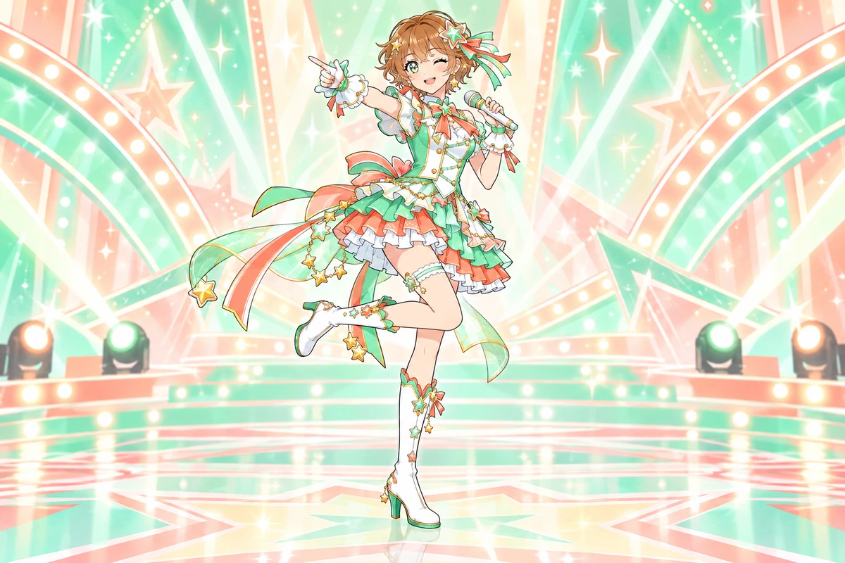Una idol original con temática de menta en un traje pop de actuación inspirado en estrellas