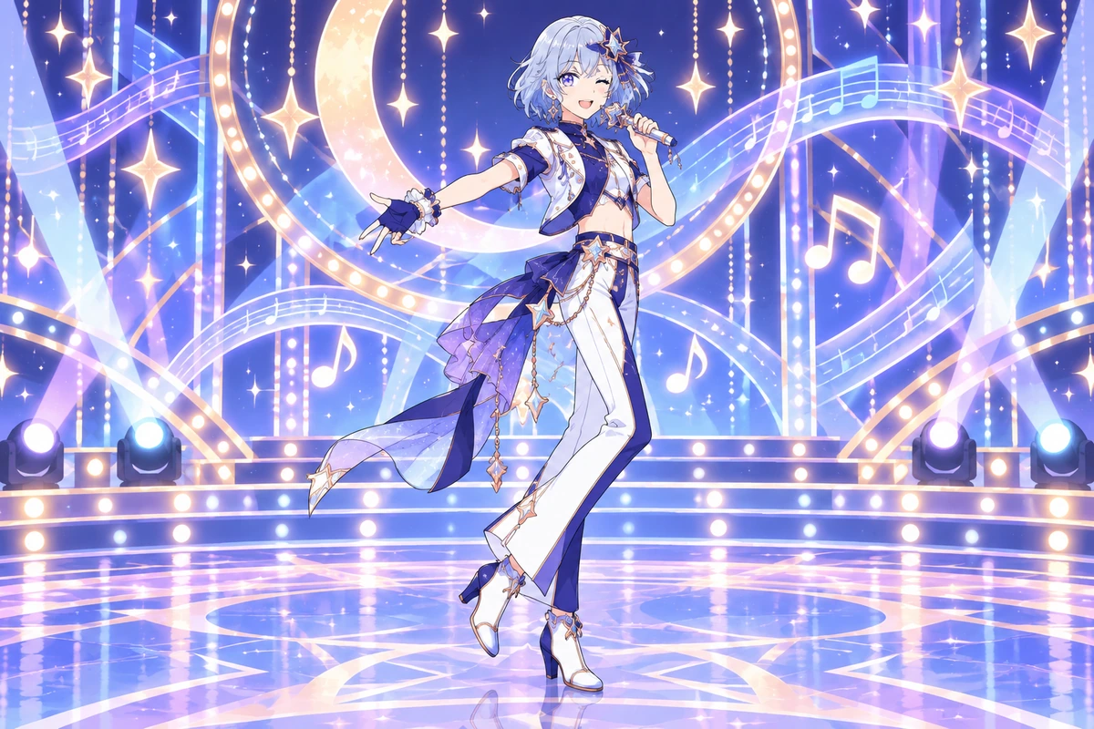 Una idol original de cabello azul con un atuendo musical inspirado en la luna
