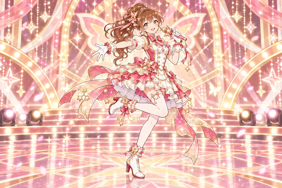Una idol original en oro rosa con un look de escenario inspirado en mariposas
