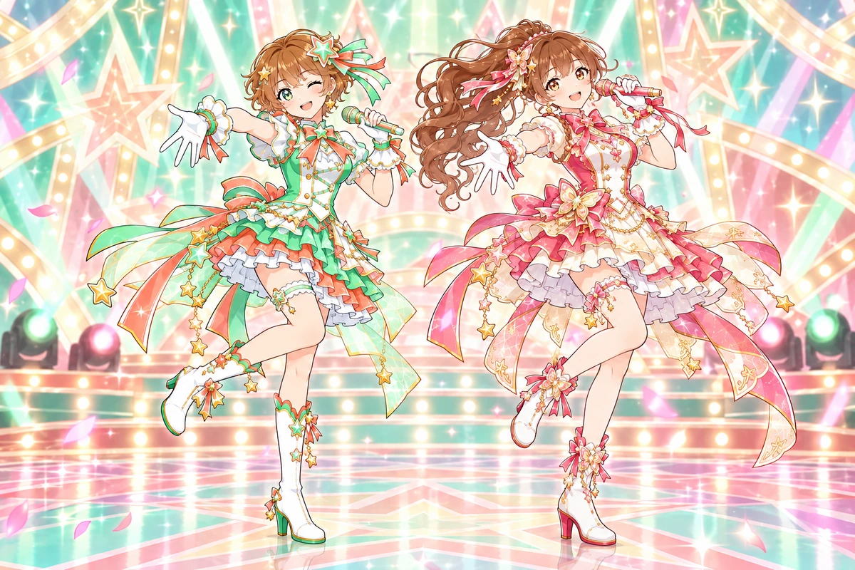 Un dúo de idols originales en tonos menta y rosa con trajes de actuación coordinados