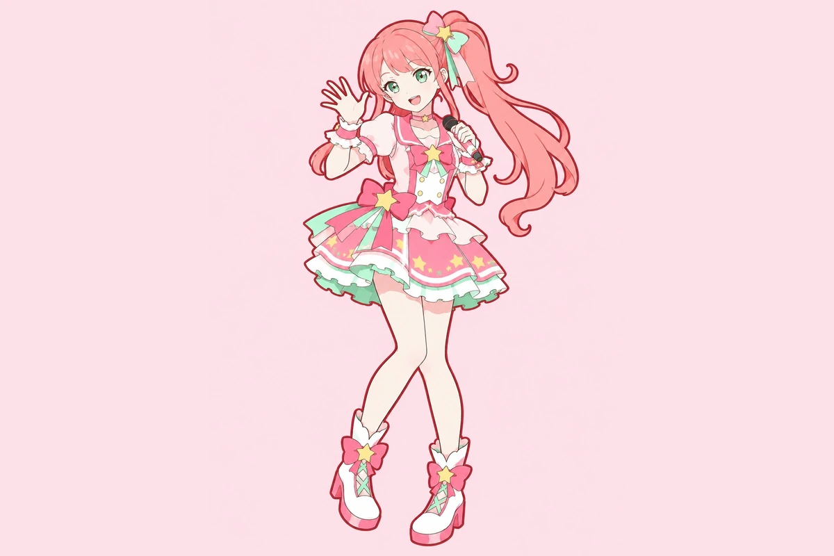 Una idol pop de cabello rosa coral actuando con un micrófono bajo luces de escenario en forma de estrella