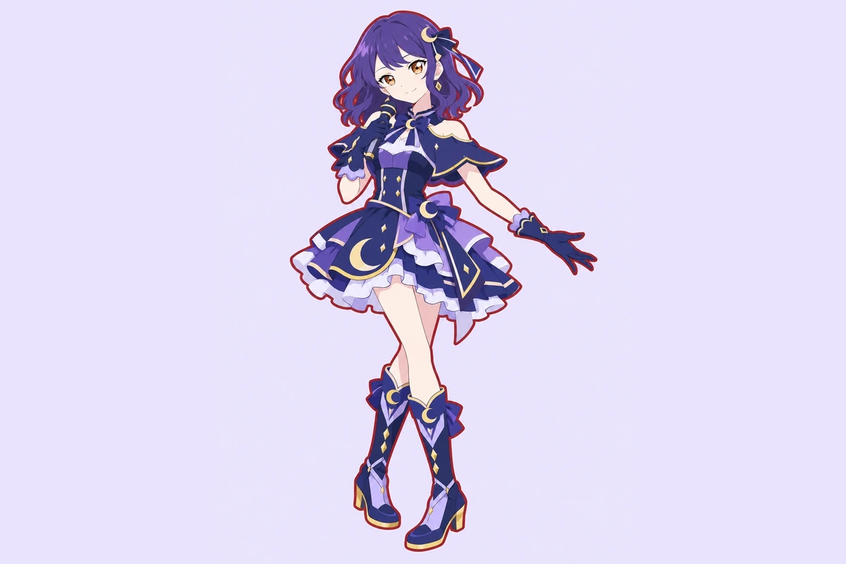 Una artista de cabello violeta con un traje de escenario lunar inspirado en un nocturno