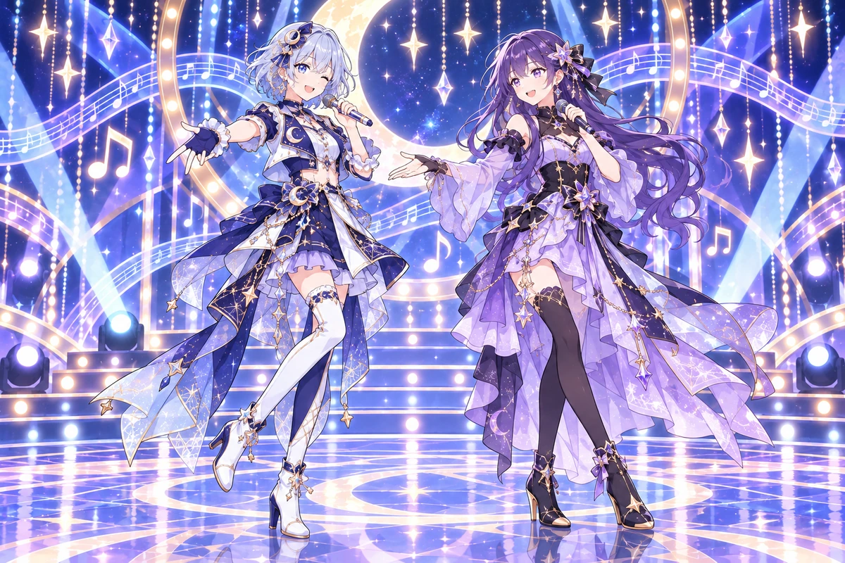 Un dúo de idols originales con temática de luna y estrella en trajes de escenario coordinados