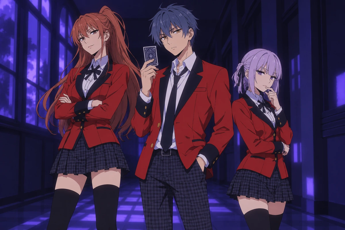 Grupo de jogadores de cartas inspirados em Kakegurui reunidos em uma cena dramática iluminada pela janela