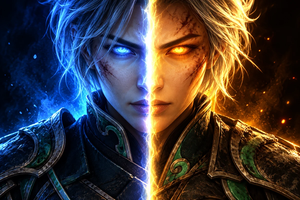 Primer plano de dos luchadores originales divididos por un haz brillante, uno iluminado en azul y el otro en dorado.