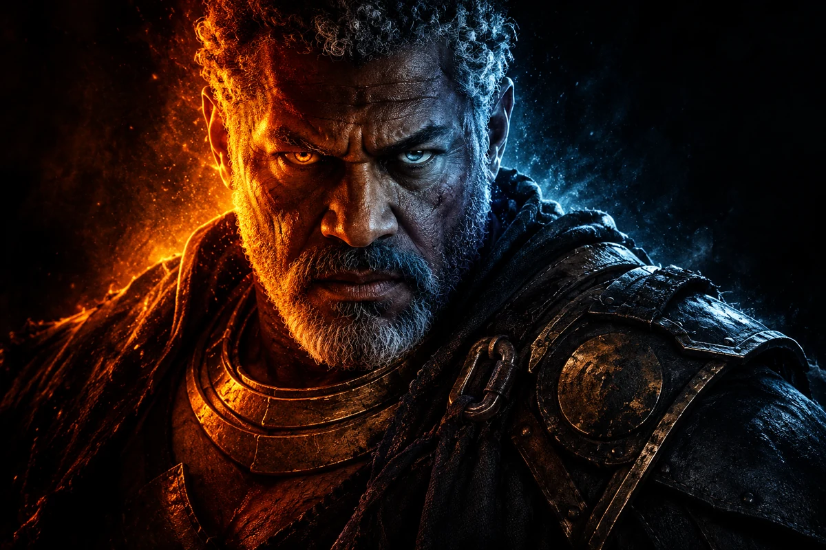 Veterano con barba y armadura oscura en primer plano con luz naranja y azul sobre su rostro.