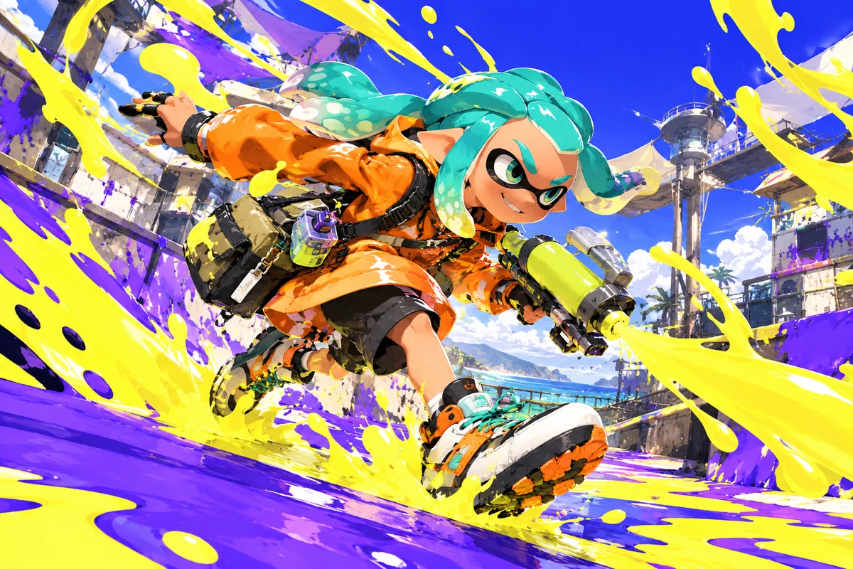 Octoling de pelo verde azulado con chaqueta naranja se lanza con un lanzatintas en una arena brillante.