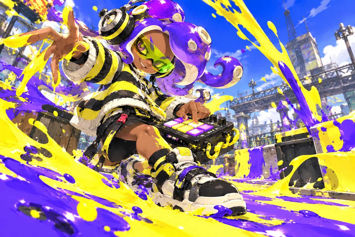 Octoling de pelo morado con equipamiento negro y amarillo arremete a través de tinta amarilla y morada.