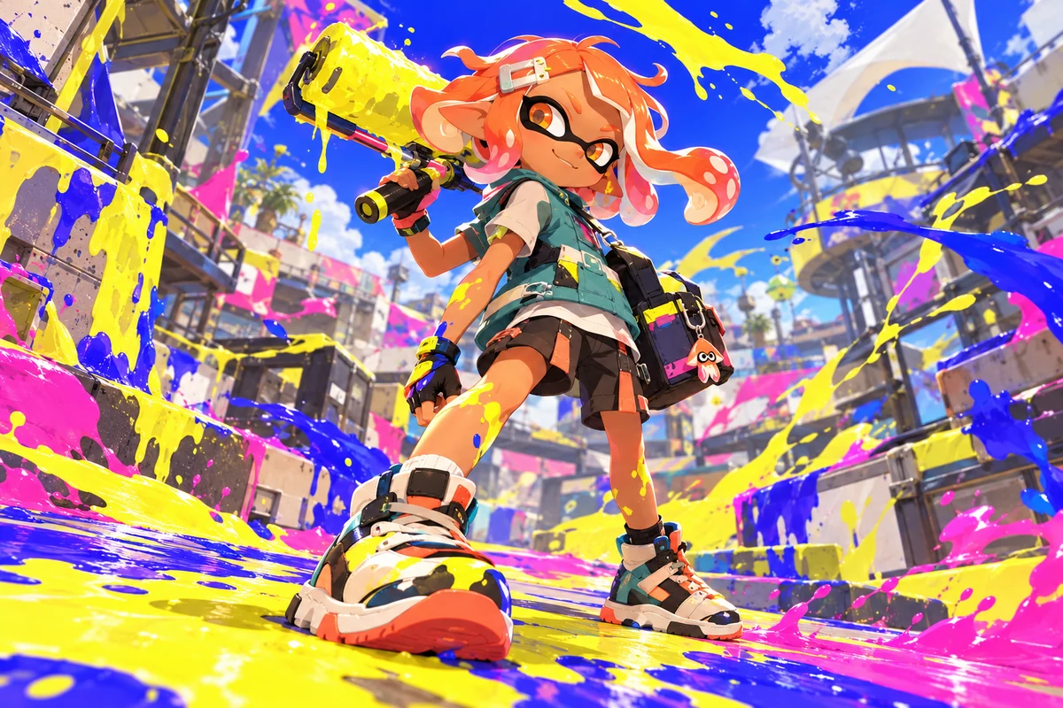 Octoling de pelo naranja con una camiseta verde azulada lleva un rodillo de tinta por una arena brillante y salpicada de pintura.